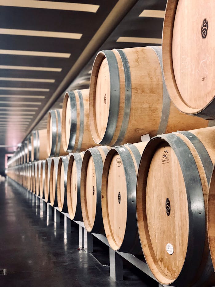 A row of wooden barrels in a modern indoor winery storage room.